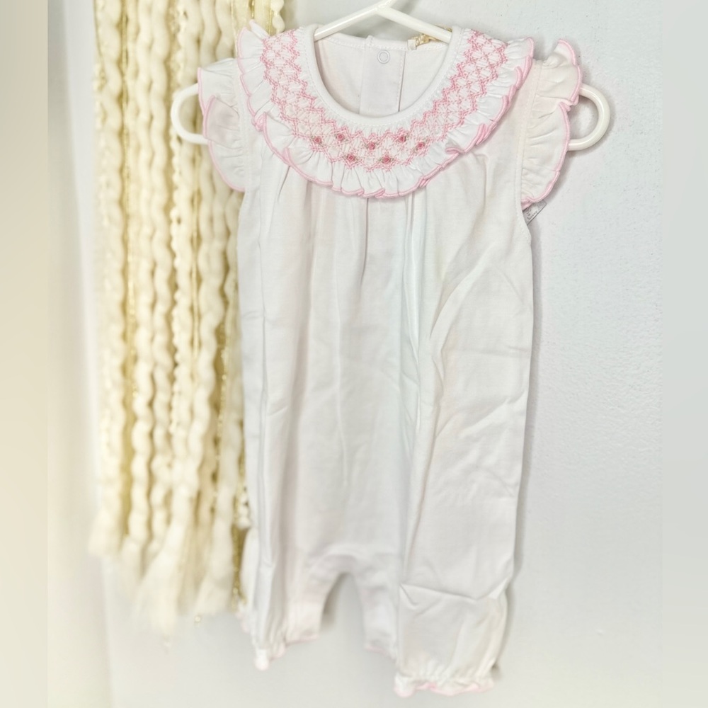 NWT 9-12m Kissy Kissy Pink Smocked Bishop Playsuit Pima